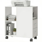 Support d'imprimante, meuble de rangement sur roulettes avec tiroirs, étagère réglable et compartiment ouvert, blanc-8
