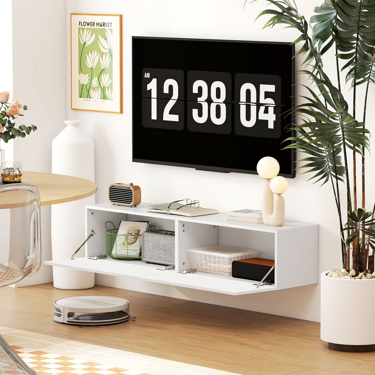 Meuble TV suspendu pour téléviseur jusqu'à 45 55 65 pouces avec 2 placards à portes, 140 x 33 x 29,8 cm, blanc-8