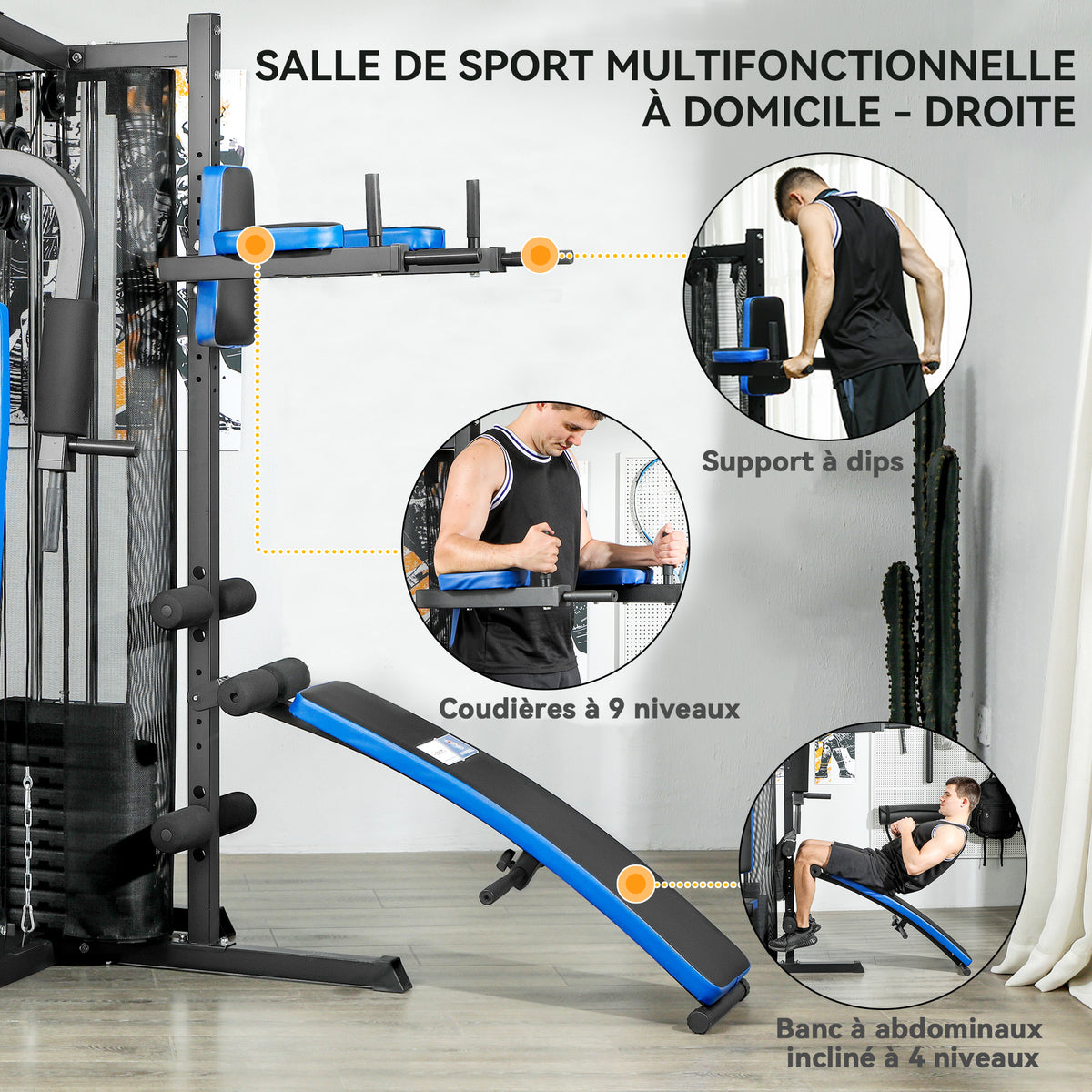 Station de Musculation avec Pile de Poids de 65 kg, Équipement de Gym à Domicile avec Banc pour Abdominaux, Noir et Bleu-4