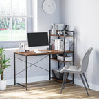 Bureau d'angle avec rangement design Industriel avec bibliothèque 3 étagères panneaux particules aspect noyer-3