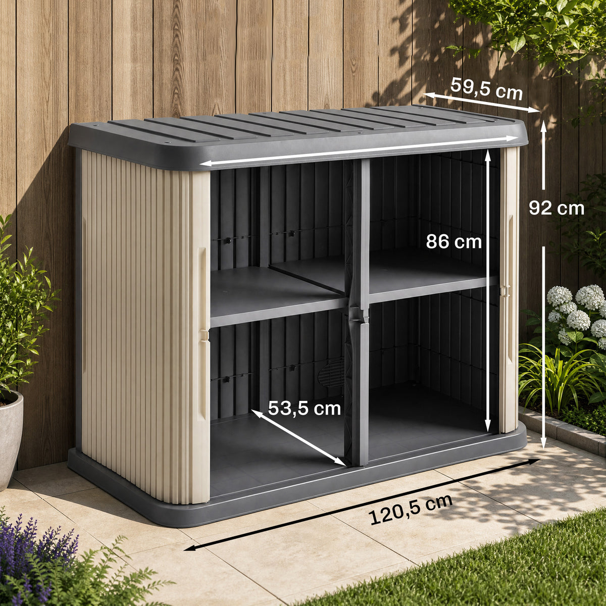 Coffre de Rangement Extérieur 480 L, 2 Niveaux avec Portes Coulissantes Résistant aux UV, 120,5x59,5x92cm, Gris-2