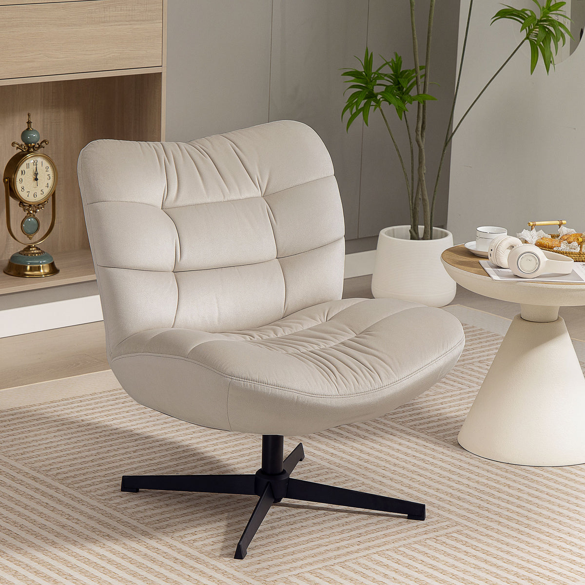 Fauteuil de salon pivotant, chaise rembourrée en chenille sans accoudoirs, assise et dossier larges, 70x80x82cm, crème-1