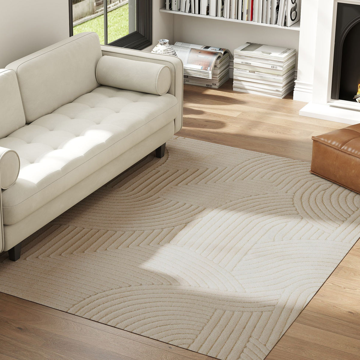 Tapis salon 230 x 160 cm, tapis à poils épais géométrique, moelleux et antidérapant, crème-7