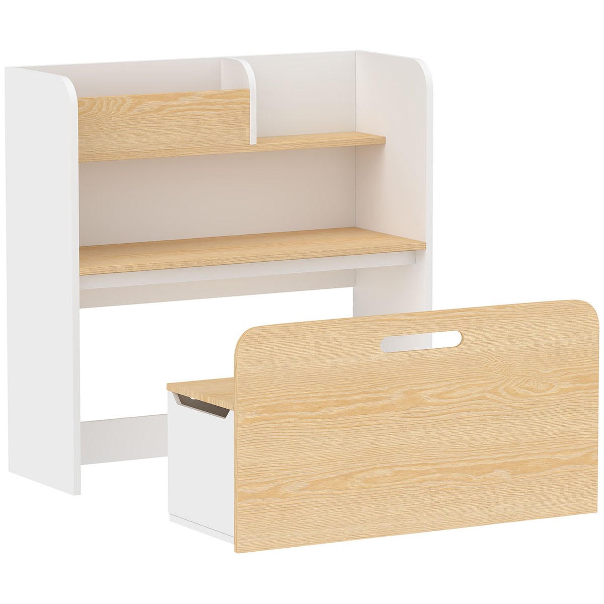 Bureau et Chaise pour Enfant 5 en 1 avec Bibliothèque et Banc Coffre à Roulettes, pour 3 à 8 Ans, Blanc-0
