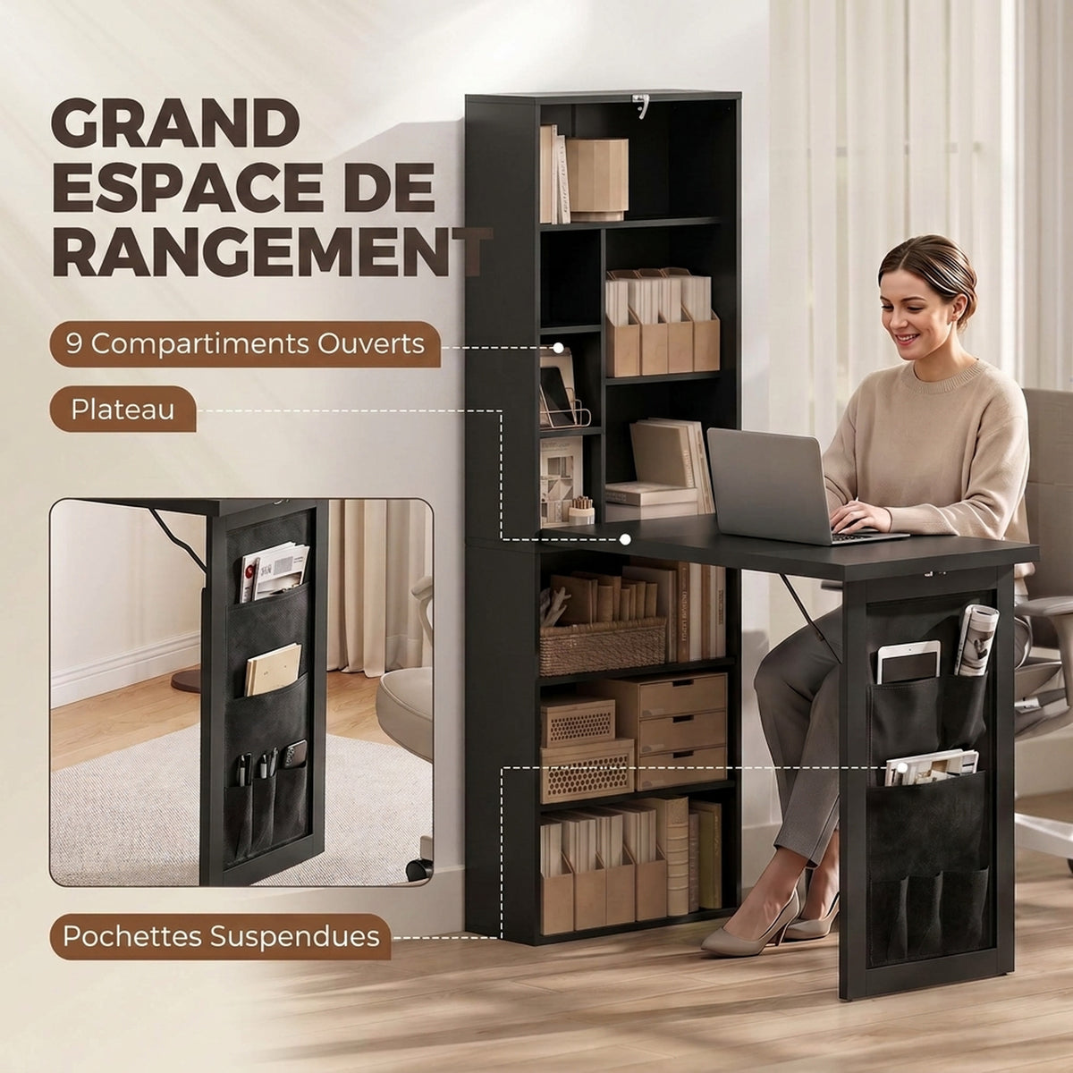 Bureau Informatique Pliable avec Pochette Suspendue, Compartiments Ouverts et Étagère Réglable, Noir-4