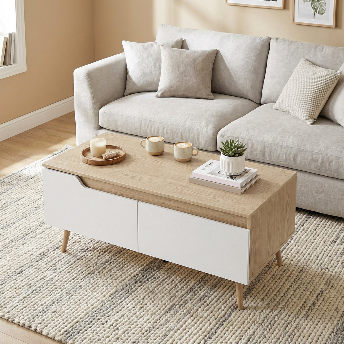 Table basse rectangulaire, table de salon moderne avec 2 tiroirs, 5 pieds en bois de pin, 100x50x46cm, chêne et blanc-9
