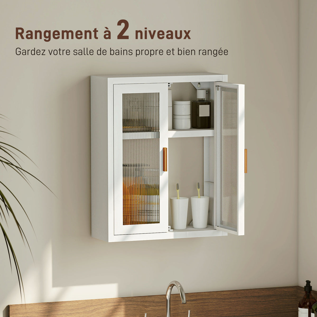 Armoire murale de salle de bain, meuble haut salle de bains avec 2 portes cannelées, étagère réglable, 40x14x50cm, blanc-3