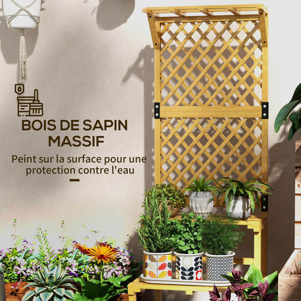 Support plantes intérieur porte plante intérieure à deux niveaux avec treillis 60 x 50 x 166 cm en bois massif jaune-4