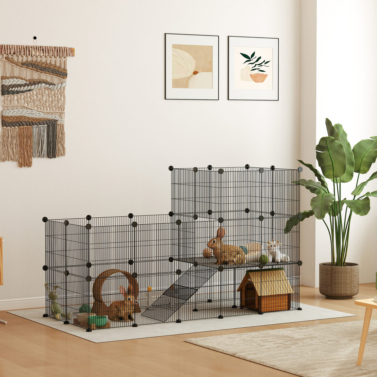 Enclos pour petits animaux, cage à lapin modulable 2 niveaux, 39 panneaux avec rampe, en acier, 140 x 70 x 105 cm, noir-1