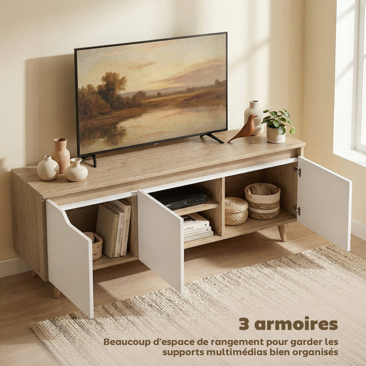 Meuble TV 120 cm, meuble télé pour téléviseur jusqu'à 55 pouces avec 3 portes, étagère réglable, chêne et blanc-4