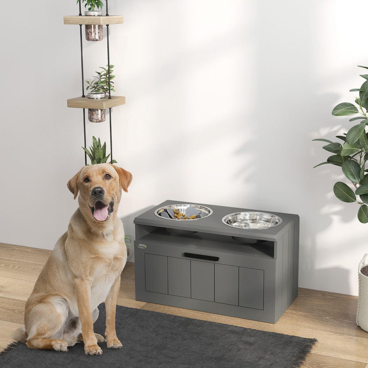 Gamelle Chien Surélevée avec Bols Anti-Glouton & Eau en Acier Inoxydable, Tiroir de Rangement, 60x30x35cm, Gris-1