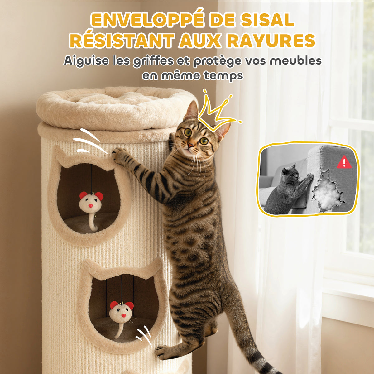 Tonneau à gratter, tour à griffer en sisal et bord en peluche, 3 niveaux avec plate-forme, stable, Ø 38 x 96 cm crème-4
