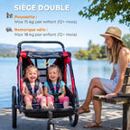 Remorque vélo enfant 2 en 1, poussette vélo bébé 2 places, guidon réglable, frein à main, ceinture de sécurité, rouge-4