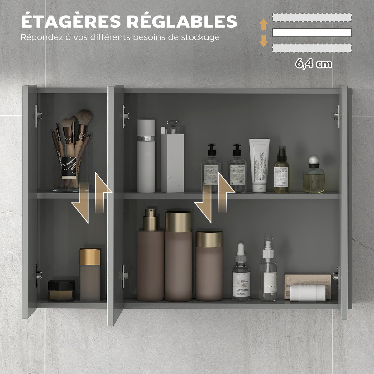 Armoire murale de salle de bain avec 3 portes miroir et étagères réglables en MDF Gris dim. 90L x 15l x 60H cm-5