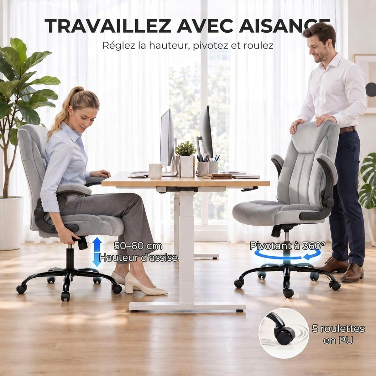 Chaise Bureau Ergonomique en Tissu Flanelle, Hauteur Réglable, Bascule, Accoudoirs Relevables, 66x77x122cm, Gris Clair-3