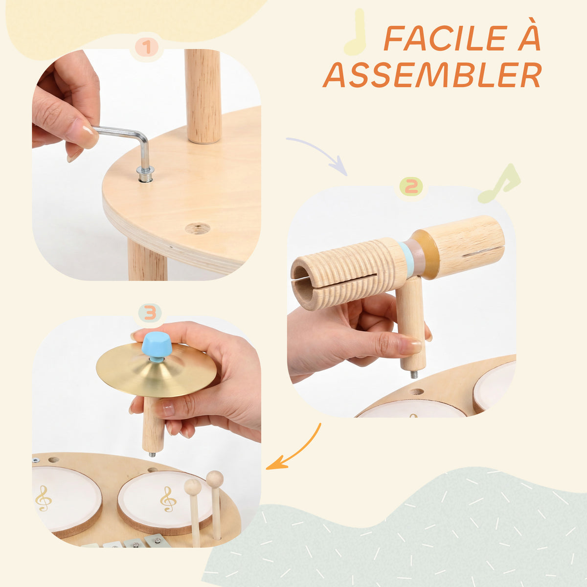 Jeux de Tambours pour Bébé, Tambour bébé avec Xylophone pour Tout-Petits, Instruments de Musique en Bois, Naturel-6