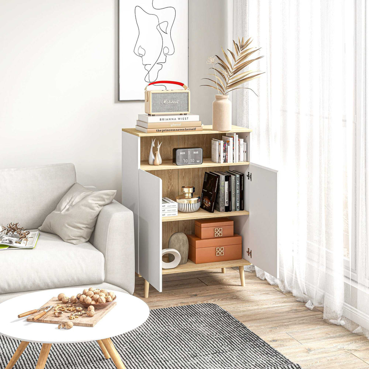 Meuble de rangement buffet sur pied scandinave placard 2 portes avec étagère intérieure blanc et aspect bois-6