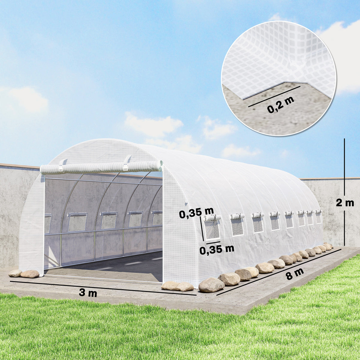 Serre de jardin tunnel 24m² 8L x 3l x 2H m - 16 fenêtres, Porte zippée enroulable acier galvanisé, bâche PE, Blanc-2