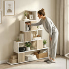 Étagère de rangement, bibliothèque géométrique à 5 niveaux, pour bureau, salon, chambre, blanc et bois naturel-8