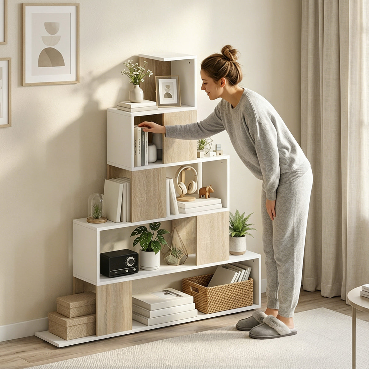 Étagère de rangement, bibliothèque géométrique à 5 niveaux, pour bureau, salon, chambre, blanc et bois naturel-8