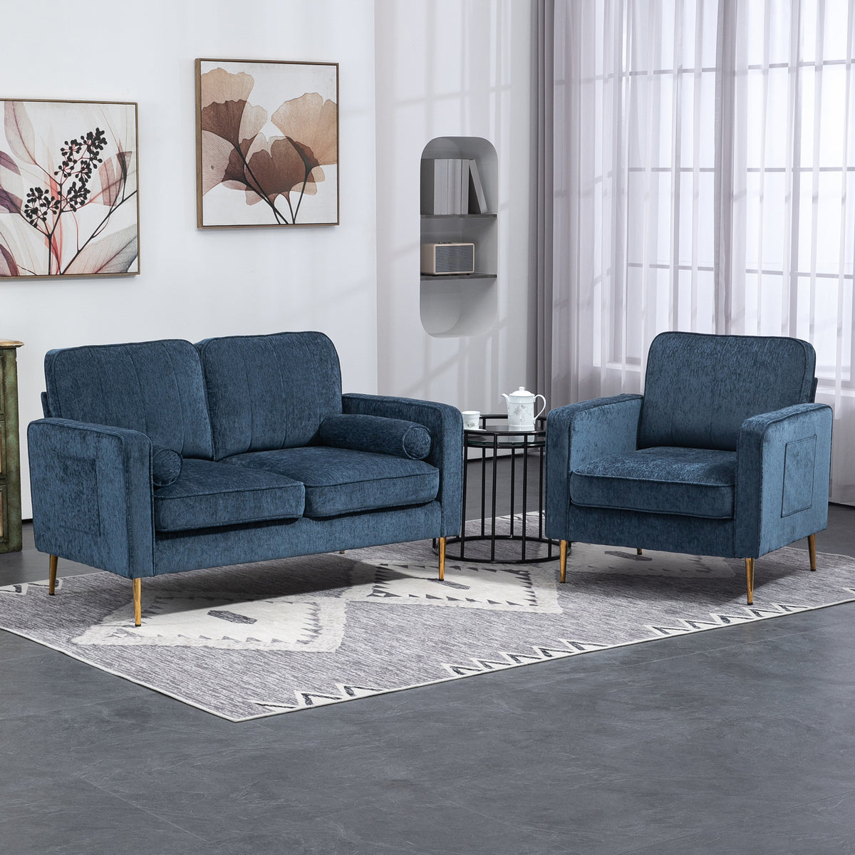 Fauteuil en tissu avec pieds en acier doré, grand confort, pochettes latérales, pour salon, bureau, chambre, bleu-6