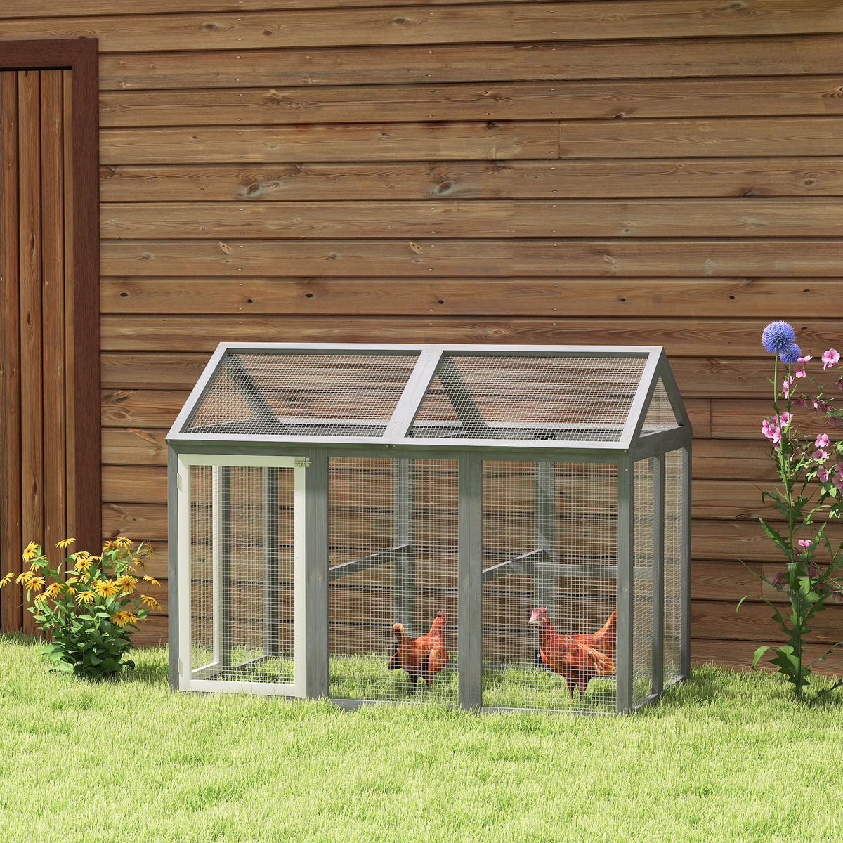 Enclos poulailler 1,18 m², parc grillagé avec porte verrouillables, cadre en bois massif, 140 x 88,5 x 106 cm, gris-1