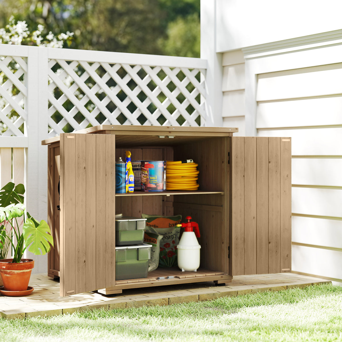 Armoire de rangement en bois pour le jardin, Double Porte étagère réglable et Toit bitumé bois sapin-1