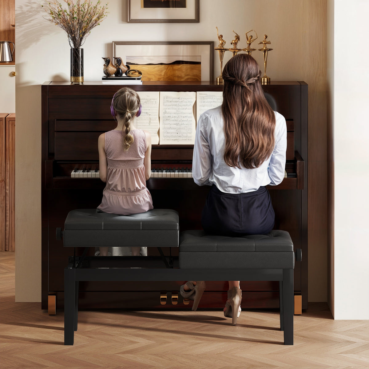 Banc de piano réglable en hauteur, tabouret de piano avec rangement, banquette pour clavier capitonné, noir-6