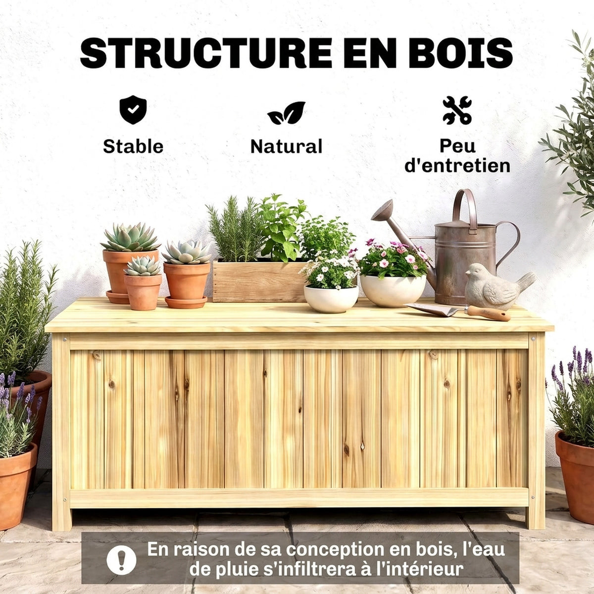 Coffre de rangement jardin en bois 172L avec vérins, pour l'extérieur - 120L x 55l x 45H cm-5