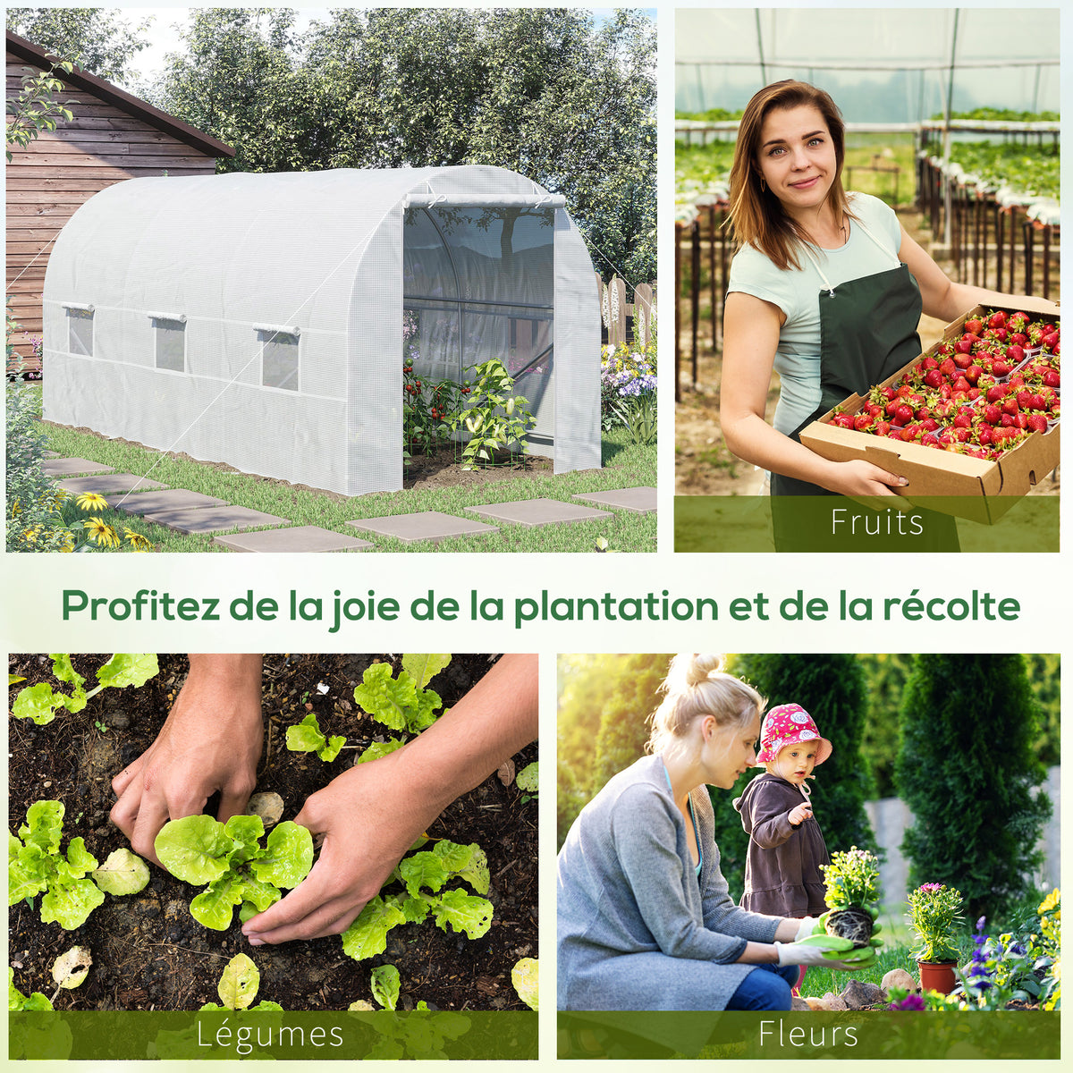 Serre tunnel de jardin 9m², serre de jardin tunnel avec porte et 6 fenêtres, bâche PE 140 g/m² 445 x 200 x 200 cm blanc-5