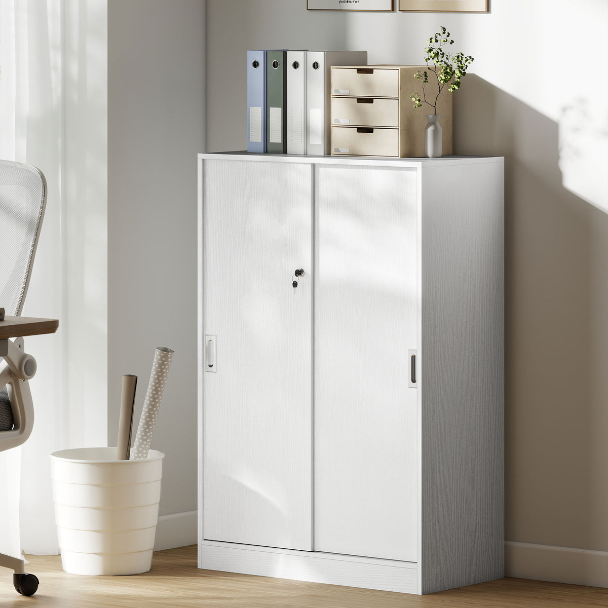Armoire de Bureau 2 Portes coulissantes verrouillables dim. 80L x 40l x 120H cm 2 étagères en Bois Blanc-1