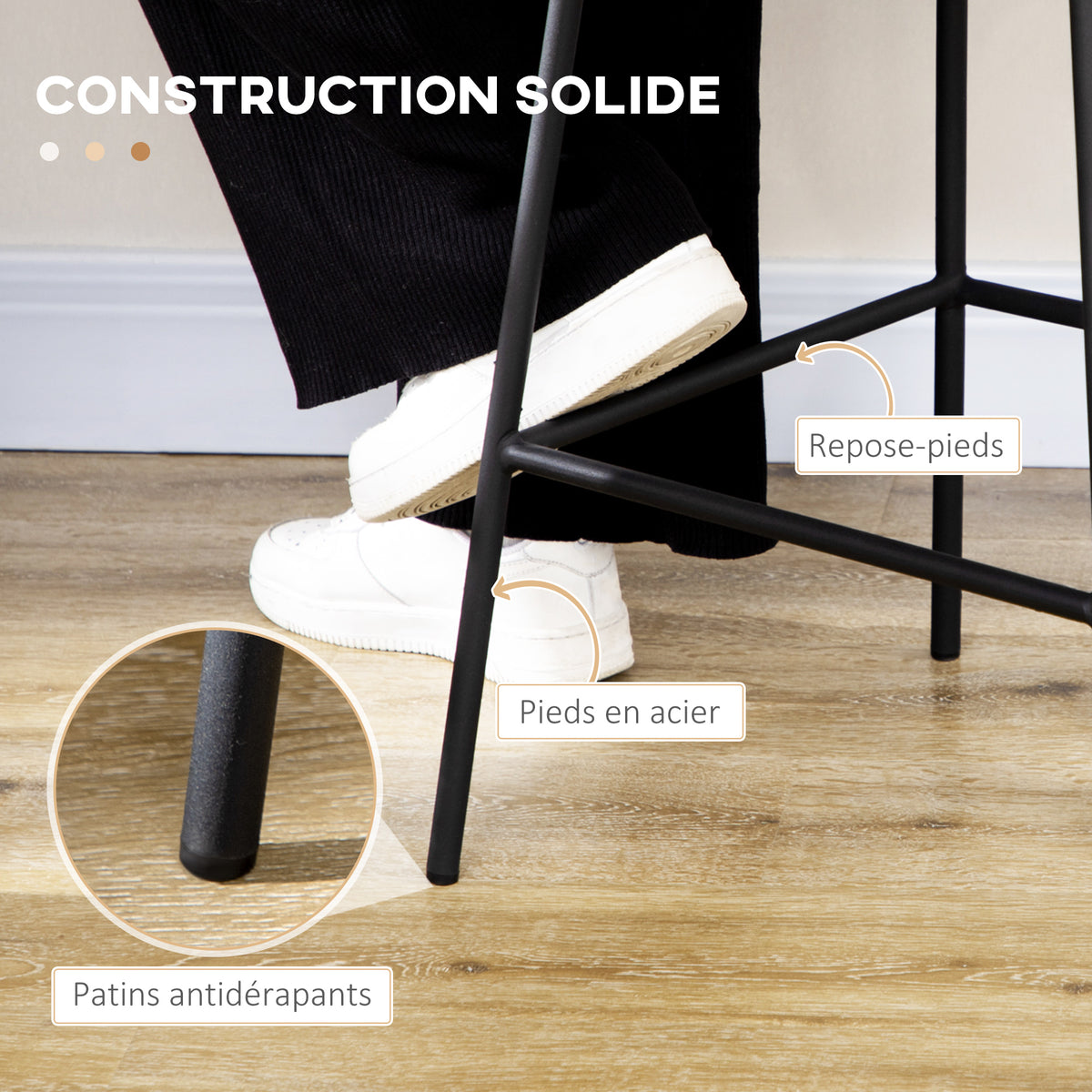 Lot de 4 tabourets de bar design bohème hauteur 66 cm avec repose-pieds métal et rotin PE - noir-4