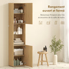 Armoire salle de bain haute, meuble de rangement colonne 6 niveaux 2 portes et étagères réglables, 40x31x182cm, chêne-3