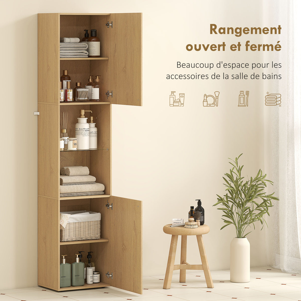 Armoire salle de bain haute, meuble de rangement colonne 6 niveaux 2 portes et étagères réglables, 40x31x182cm, chêne-3