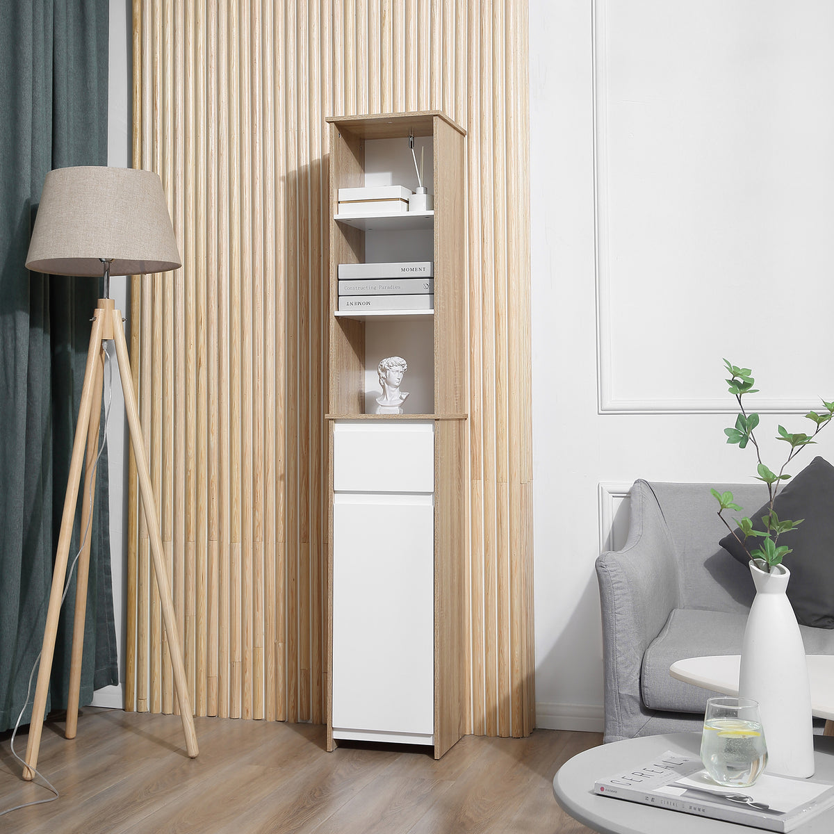 Meuble Colonne Rangement Salle de Bain Style Cosy 3 niches tiroir Placard avec étagère Blanc Aspect chêne Clair-3
