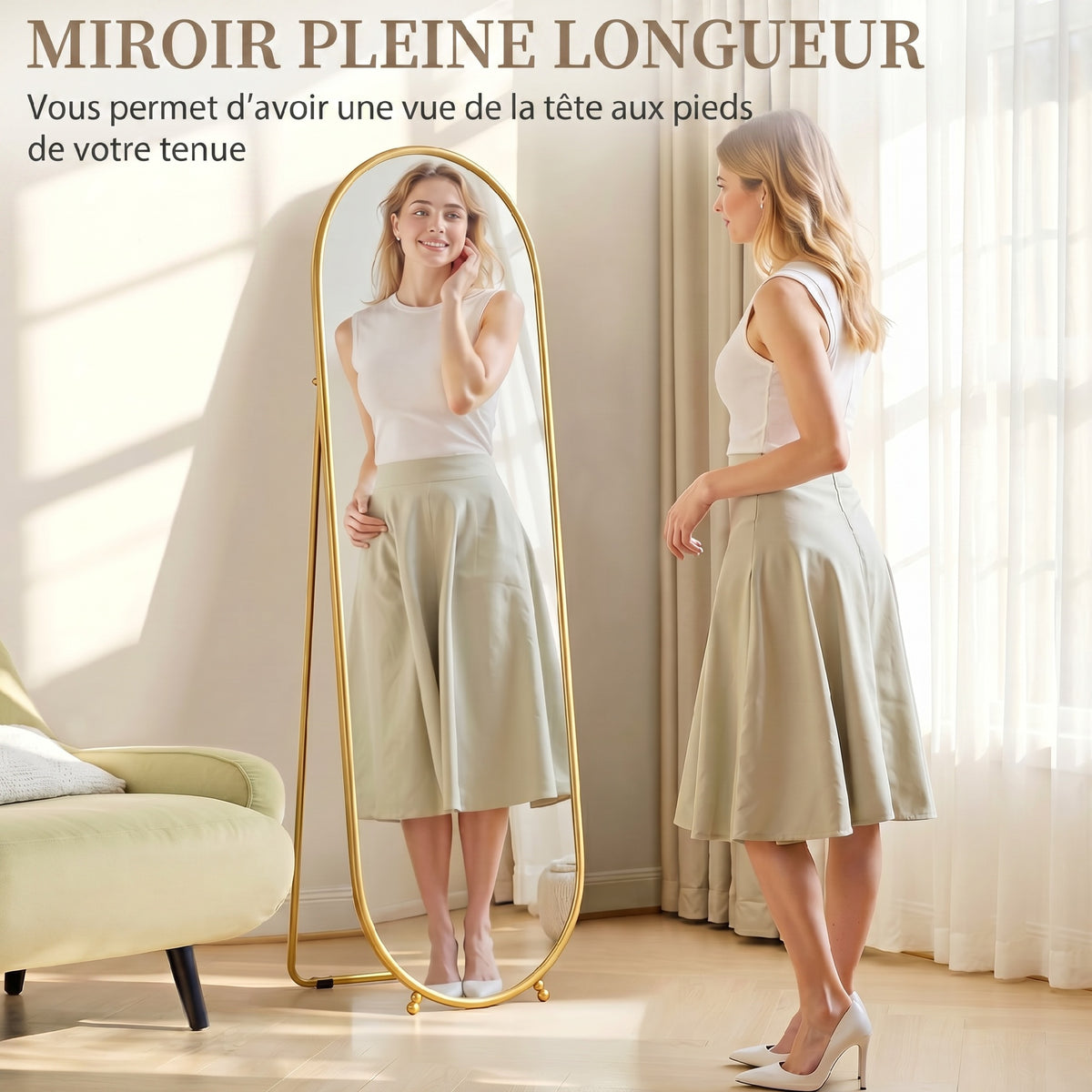 Grand miroir sur pied, miroir ovale, cadre en métal doré, avec support pour entrée, chambre, dressing, 40 x 160 cm-3