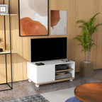 Meuble TV sur roulettes avec 2 Freins - 2 niches + Placard Porte 2 Passe-Fil - en bois Blanc chêne Clair-7