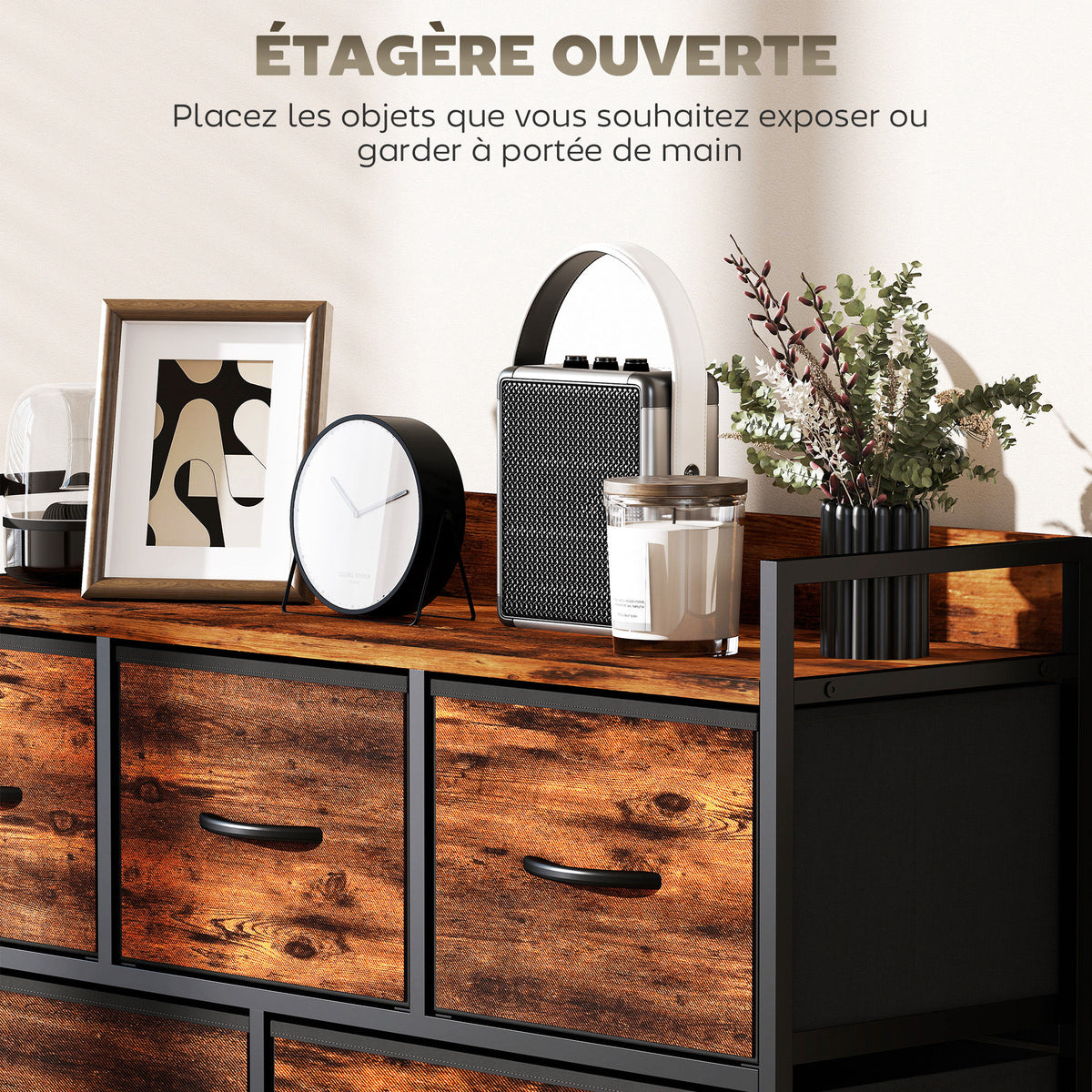 Commode, meuble de rangement avec 5 tiroirs en tissu pliables, plateau et cadre en acier, 98 x 29 x 63 cm, brun rustique-4