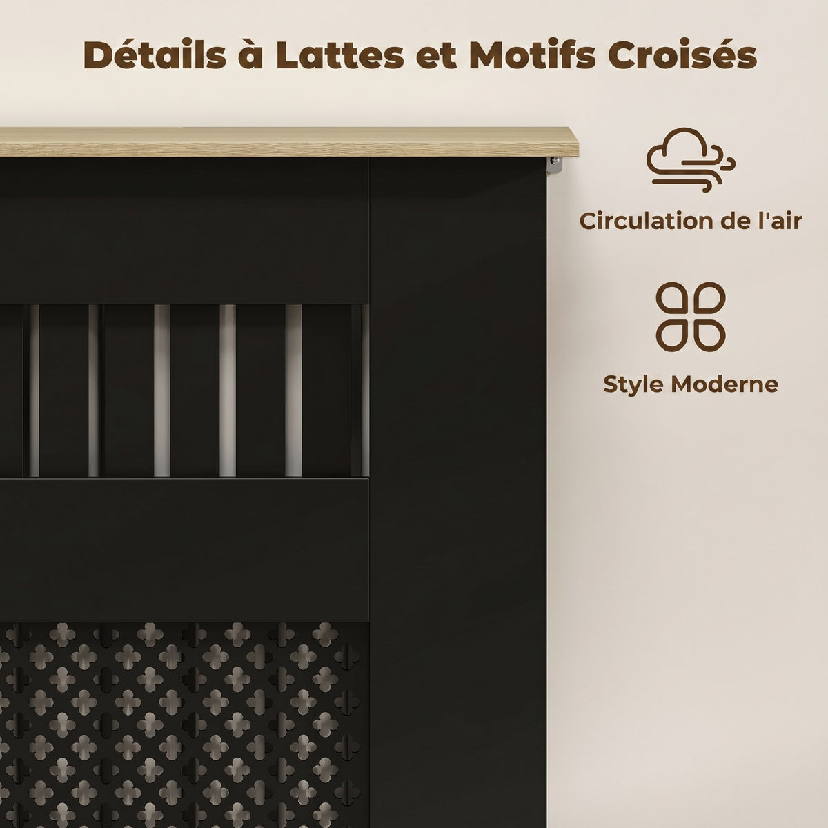Couvercle de Radiateur en Bois à Lattes avec Détails Croisés et Étagère Supérieure, 78 x 19 x 81 cm, Noir-3