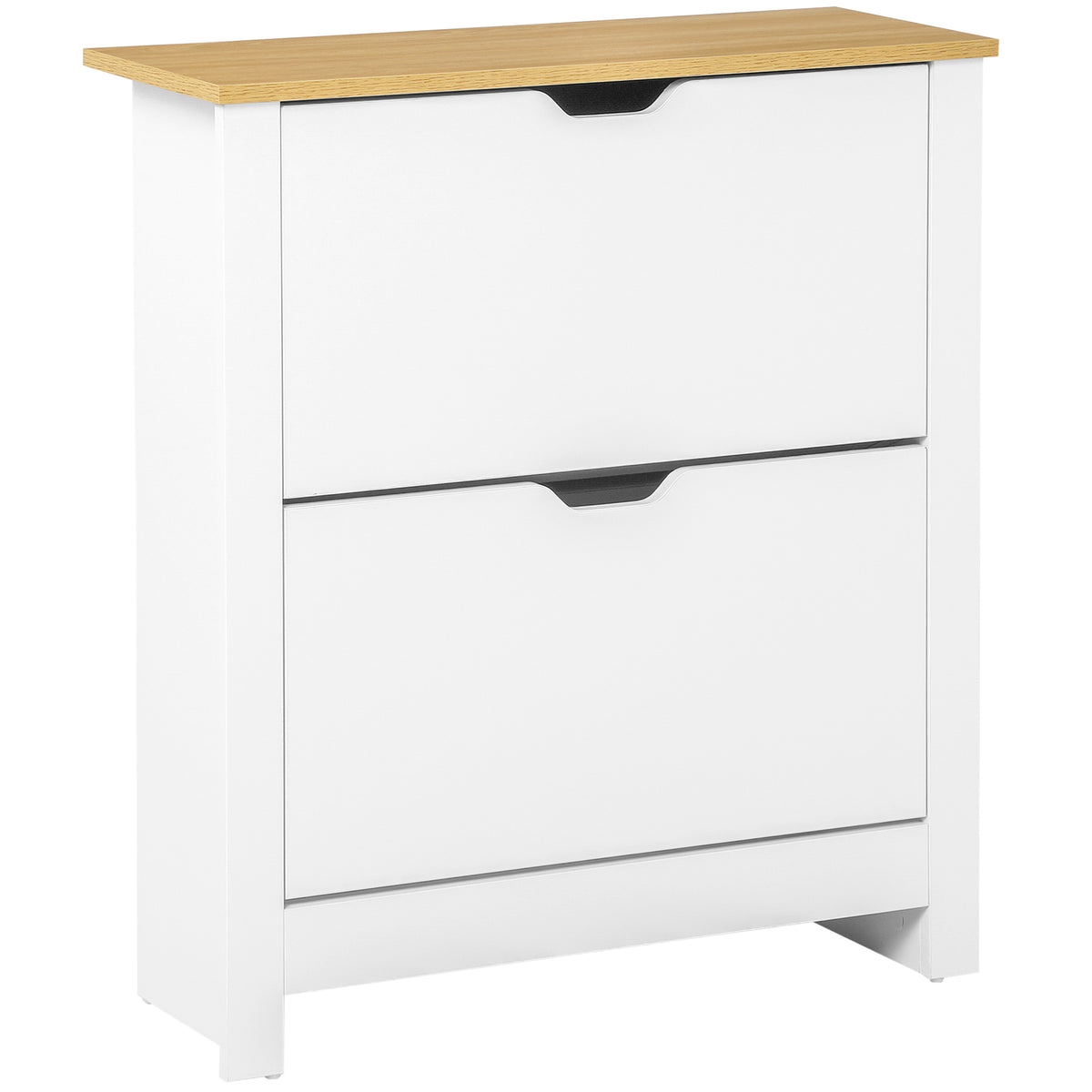 Meuble à chaussures 12 paires, armoire à chaussures étroite avec 2 tiroirs rabattables et étagères réglables, style moderne, pour couloir, entrée, 72 x 26 x 80 cm, blanc et bois naturel-0