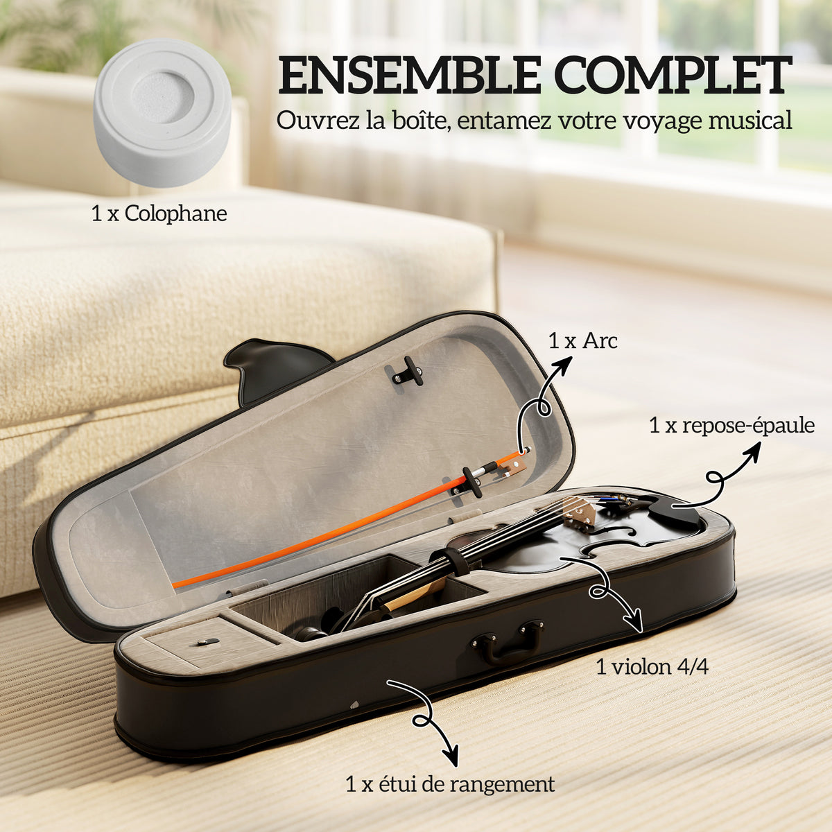 Violon 4/4 Ensemble de Violon en Bois Massif pour Adultes et Débutants avec Étui Léger et Portable 60 x 21 cm Noir-3