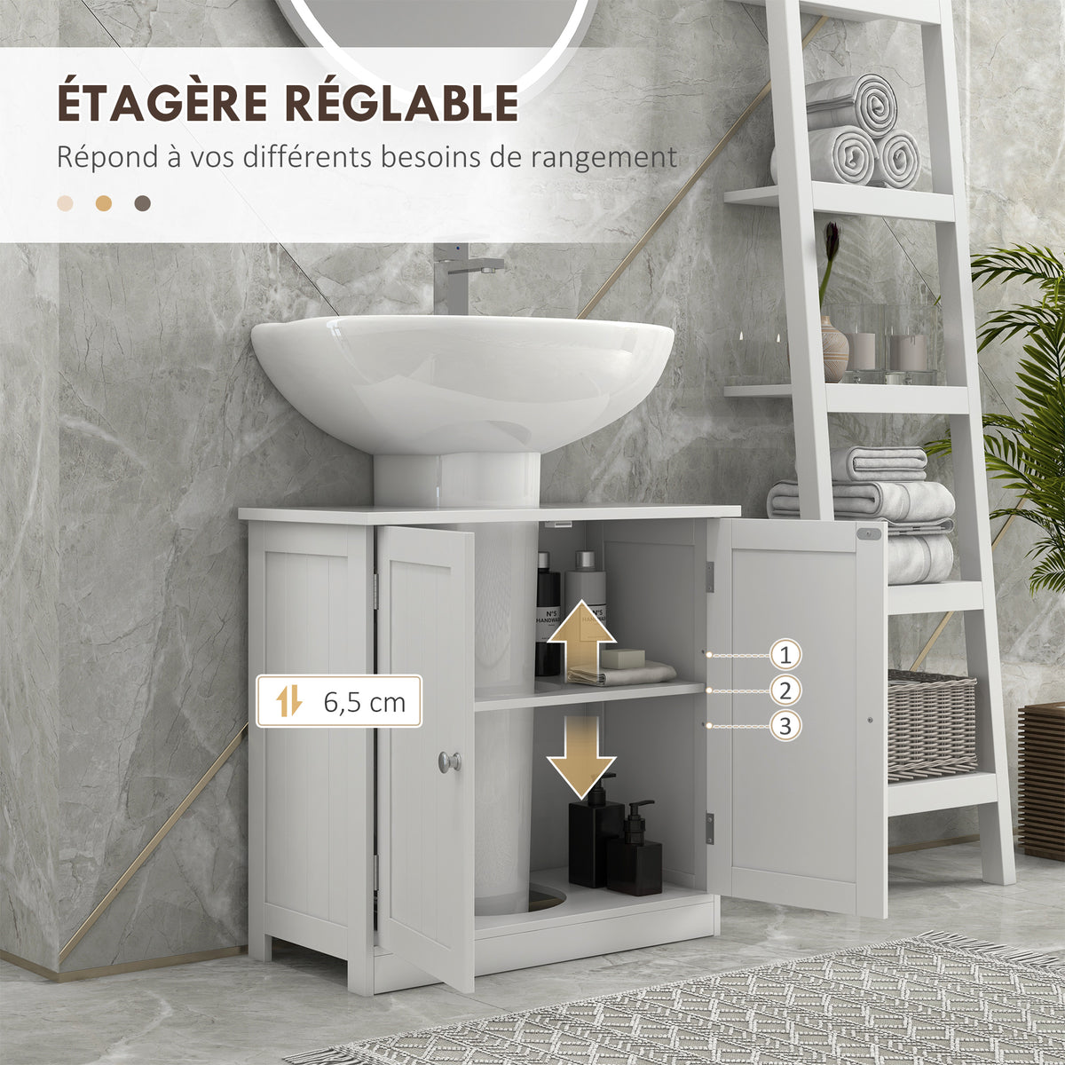 Meuble sous lavabo, meuble de salle de bain placard à 2 portes, étagère réglable, anti-humidité, 60 x 30 x 60 cm, blanc-4
