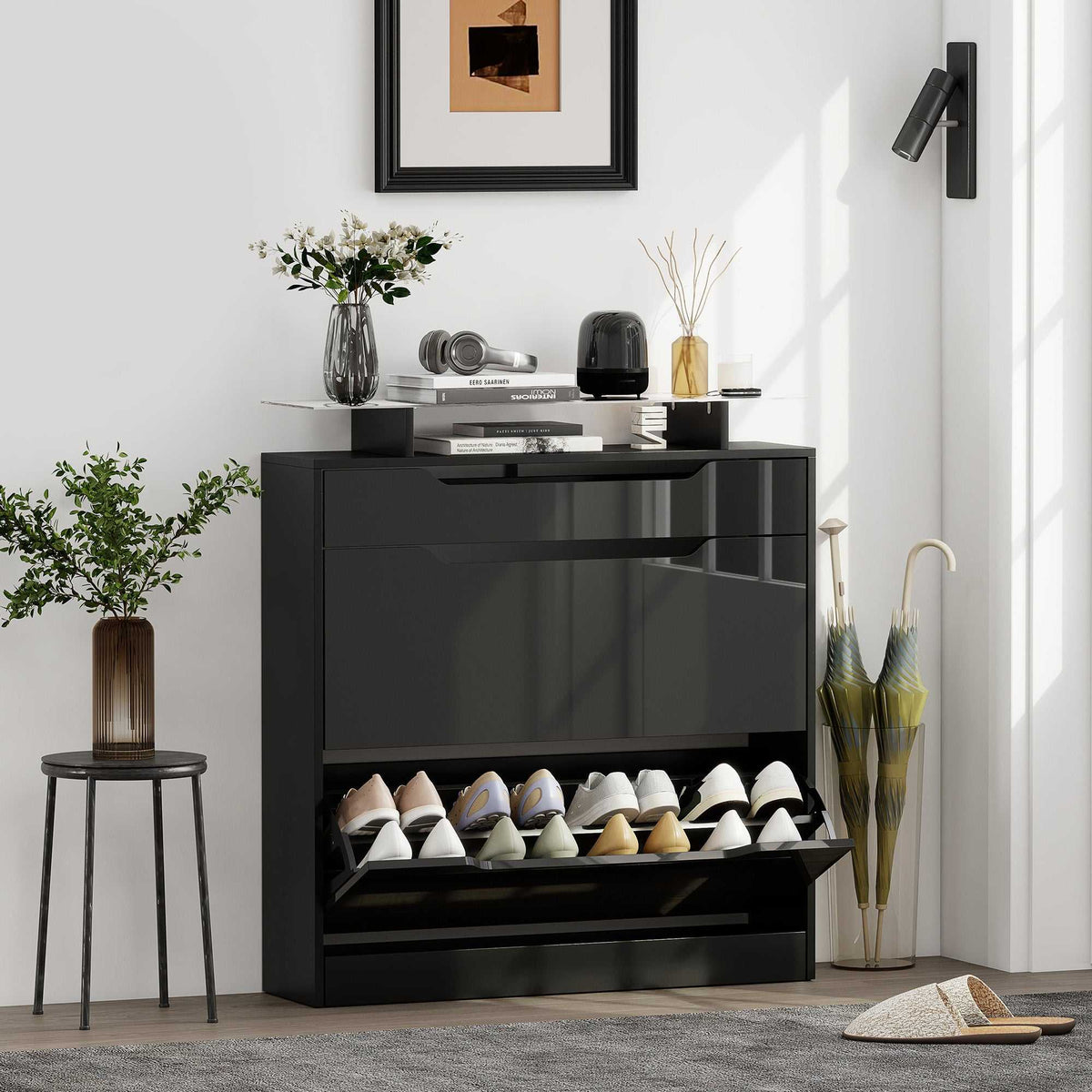 Armoire à Chaussures, 2 Tiroirs Rabattables, 1 Tiroir Coulissant, 1 Comptoir, 89x23x96cm, Noir-1
