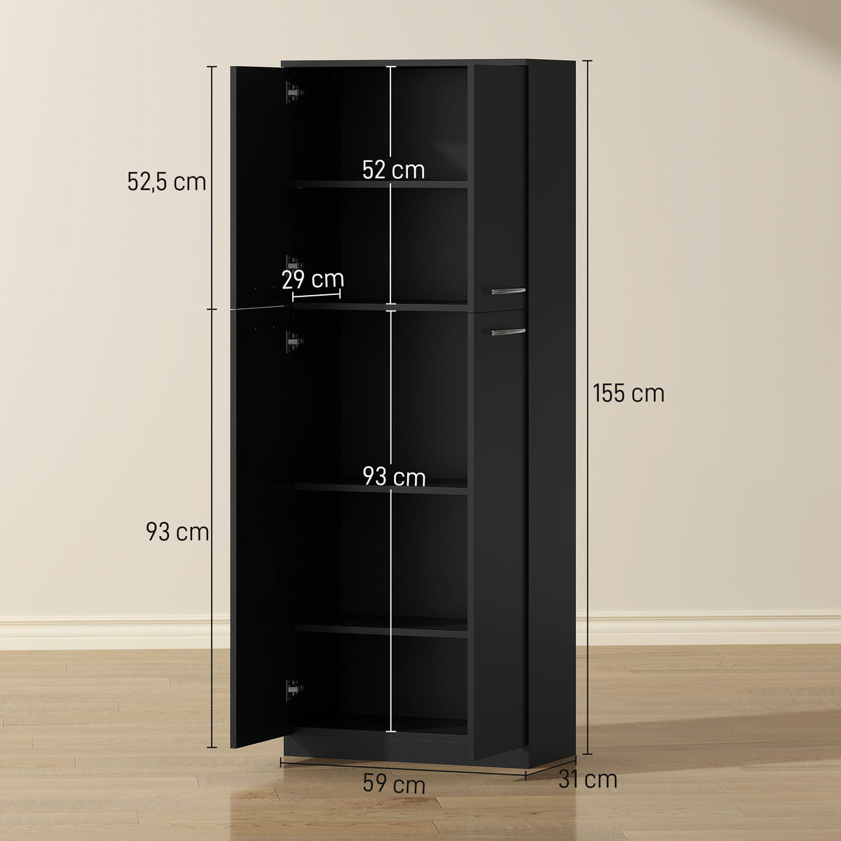 Buffet Haut Cuisine, Armoire de Cuisine avec 2 Portes et Étagères Réglables, Style Moderne, 59 x 31 x 155 cm, Noir-2