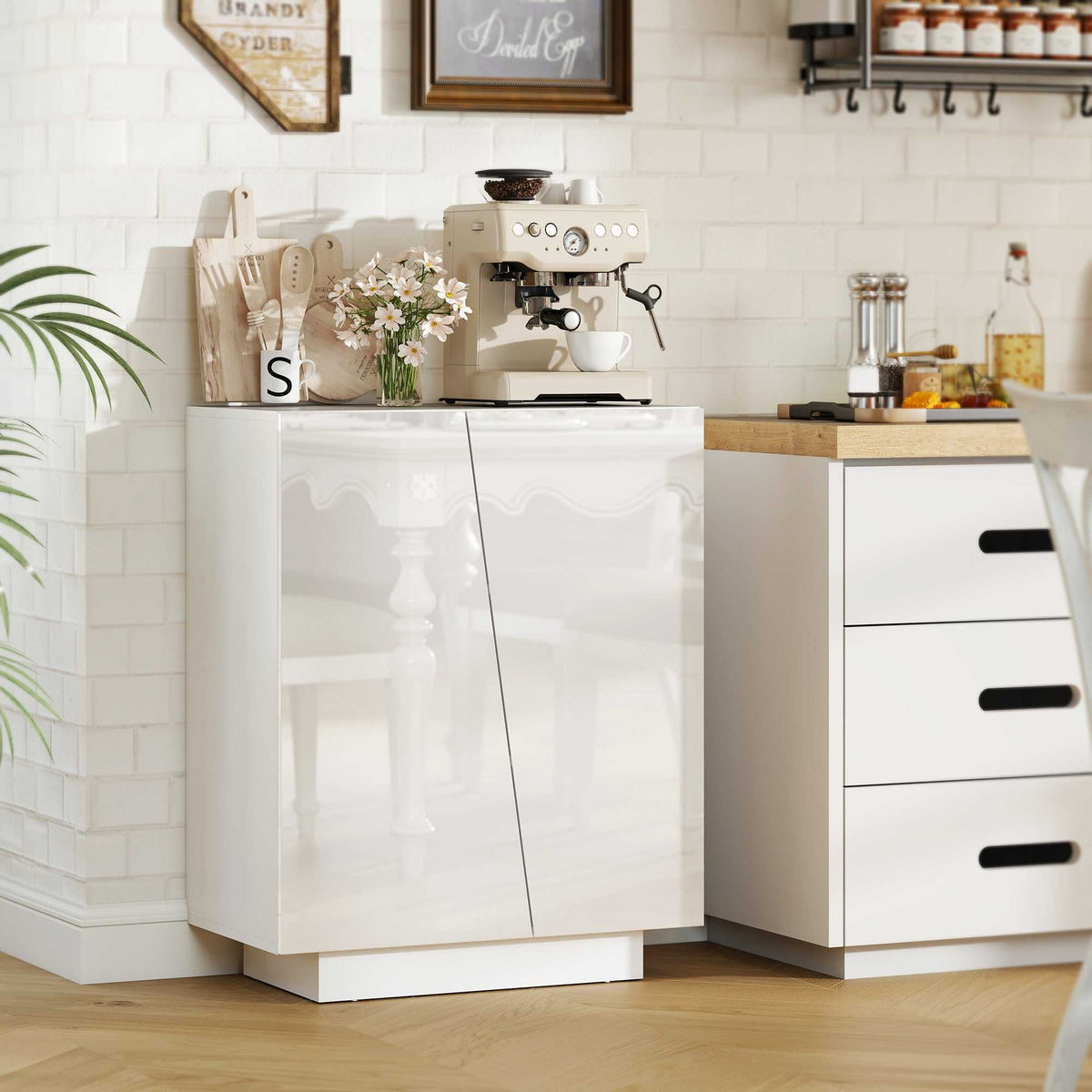 Buffet meuble de rangement avec placard double porte et étagère réglable, 70 x 40 x 88 cm, blanc brillant-1