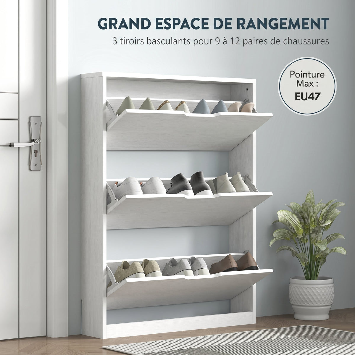 Meuble à chaussures 12 paires, armoire à chaussures, 3 tiroirs rabattables, pour couloir, entrée, 80x17x108cm, blanc-3