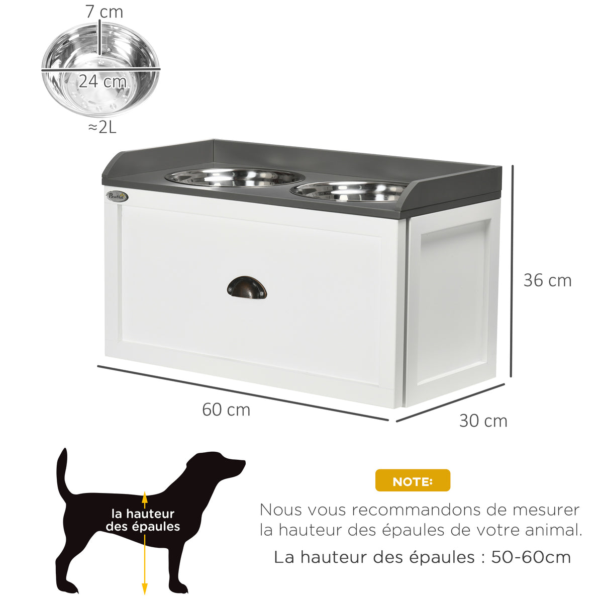 Gamelle double chien chat - porte-gamelles surélevé rangement 2 en 1 - tiroir, 2 gamelles - acier inox. MDF blanc gris-2