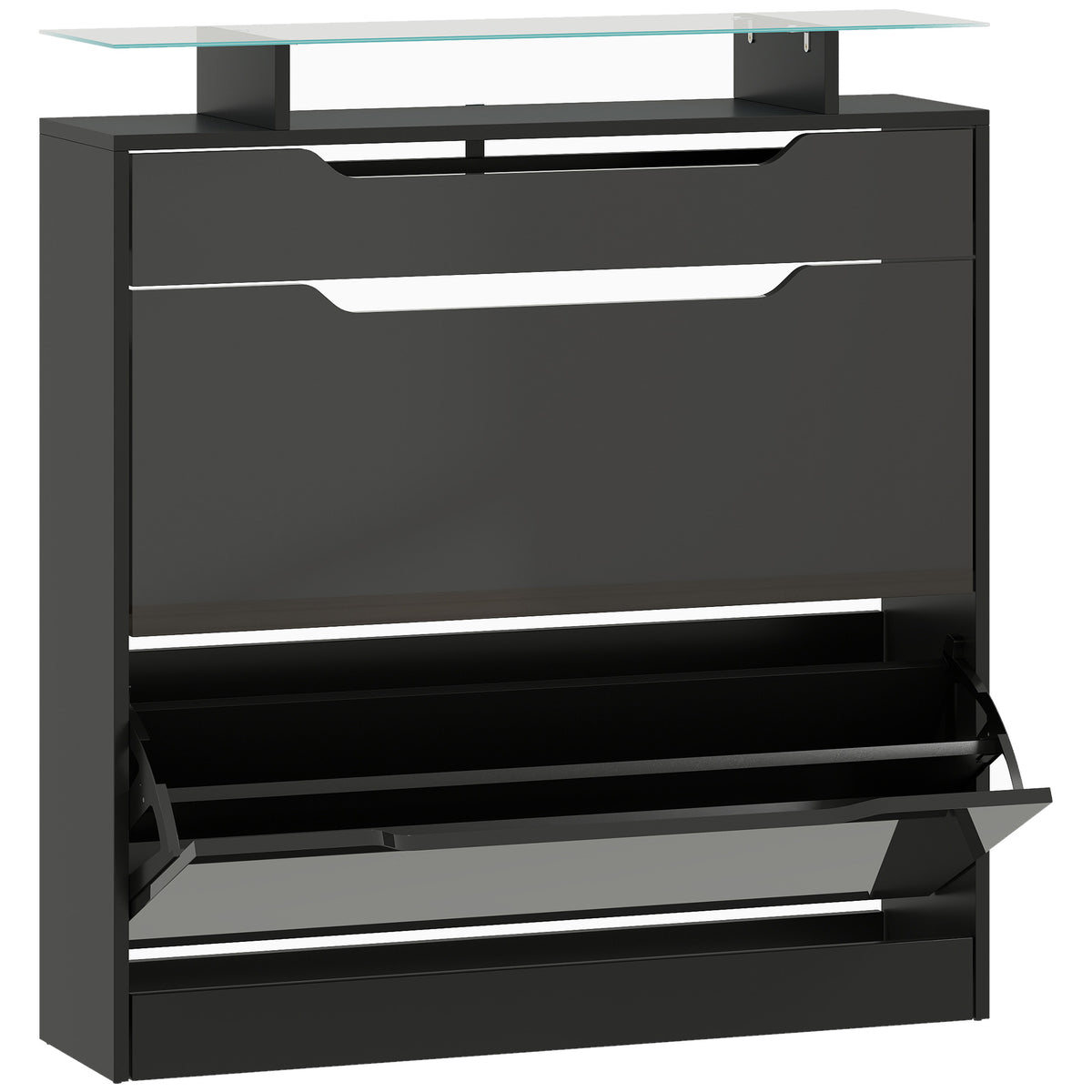 Armoire à Chaussures, 2 Tiroirs Rabattables, 1 Tiroir Coulissant, 1 Comptoir, 89x23x96cm, Noir-0