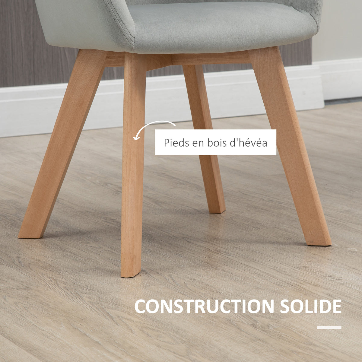Lot de 2 chaises de salle à manger Fauteuil Assise rembourrée en tissu effet velours Pieds en bois, gris-5