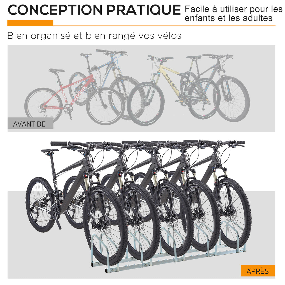 Râtelier 5 vélos range-vélos support de rangement pneu 65 mm sol ou mural pour VTT enfants BMX 145 x 33 x 27 cm acier argent-6